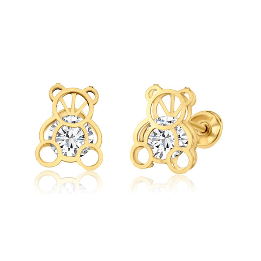 14 Karat Yellow Gold CZ Bear Screw Back Earring | Silver Palace Inc.