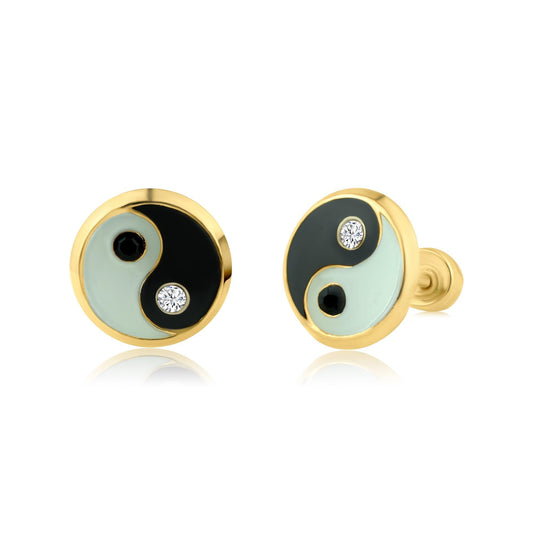 14 Karat Yellow Gold YinYang Enamel Screw Back Earring | Silver Palace Inc.