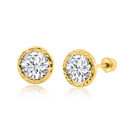 14 Karat Yellow Gold Clear Bezel Round Stud Screw Back Earring | Silver Palace Inc.