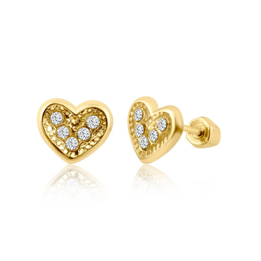 14 Karat Yellow Gold Clear Heart Stud Screw Back Earring | Silver Palace Inc.