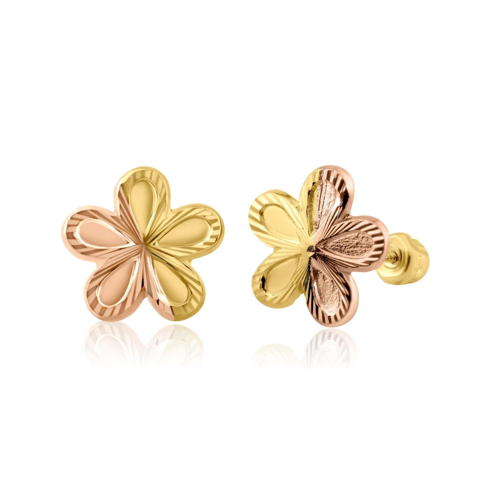 14 Karat Yellow Gold Two Tone Flower Stud Screw Back Earring | Silver Palace Inc.