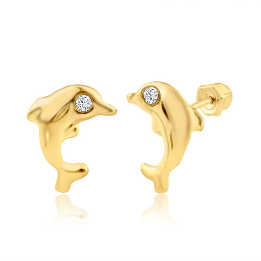 14 Karat Yellow Gold Dolphin CZ Stud Screw Back Earring | Silver Palace Inc.