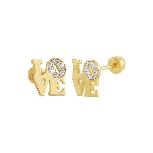 14 Karat Yellow Gold LOVE CZ Screw Back Stud Earrings | Silver Palace Inc.