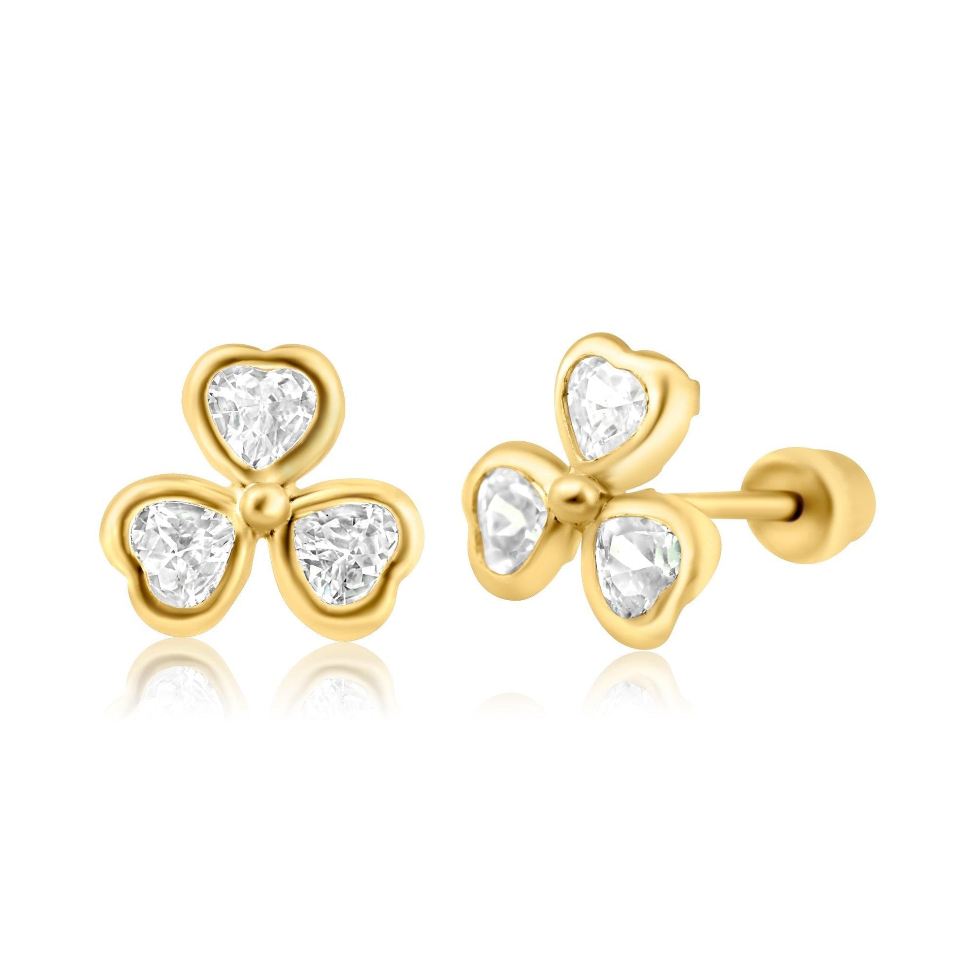 14E00273. - 14 Karat Yellow Gold Clover Heart Screw Back Earring