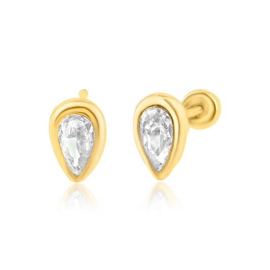 14 Karat Yellow Gold Teardrop CZ Screw Back Earring | Silver Palace Inc.