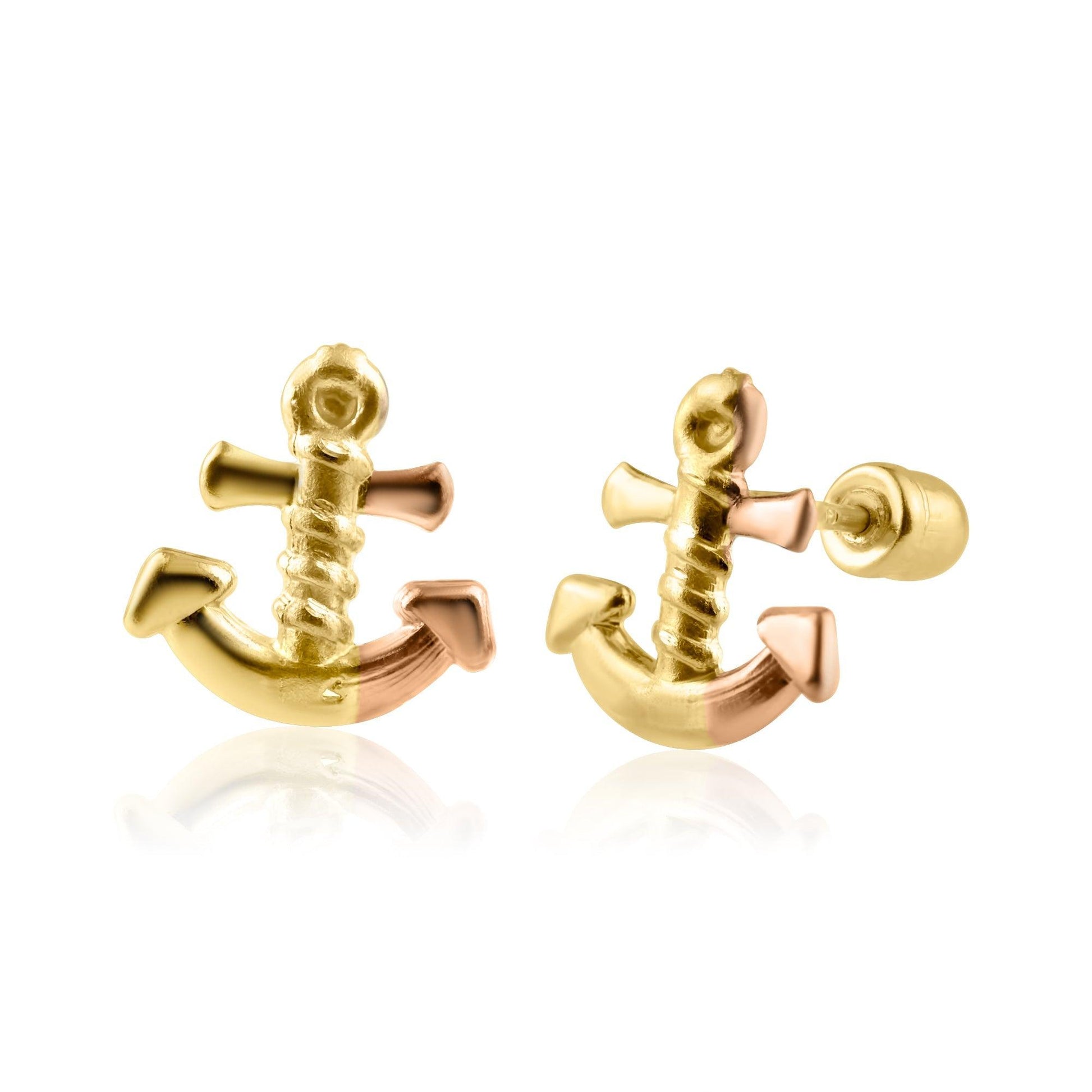 14 Karat Yellow Gold Two Tone Anchor Screw Back Earring | Silver Palace Inc.