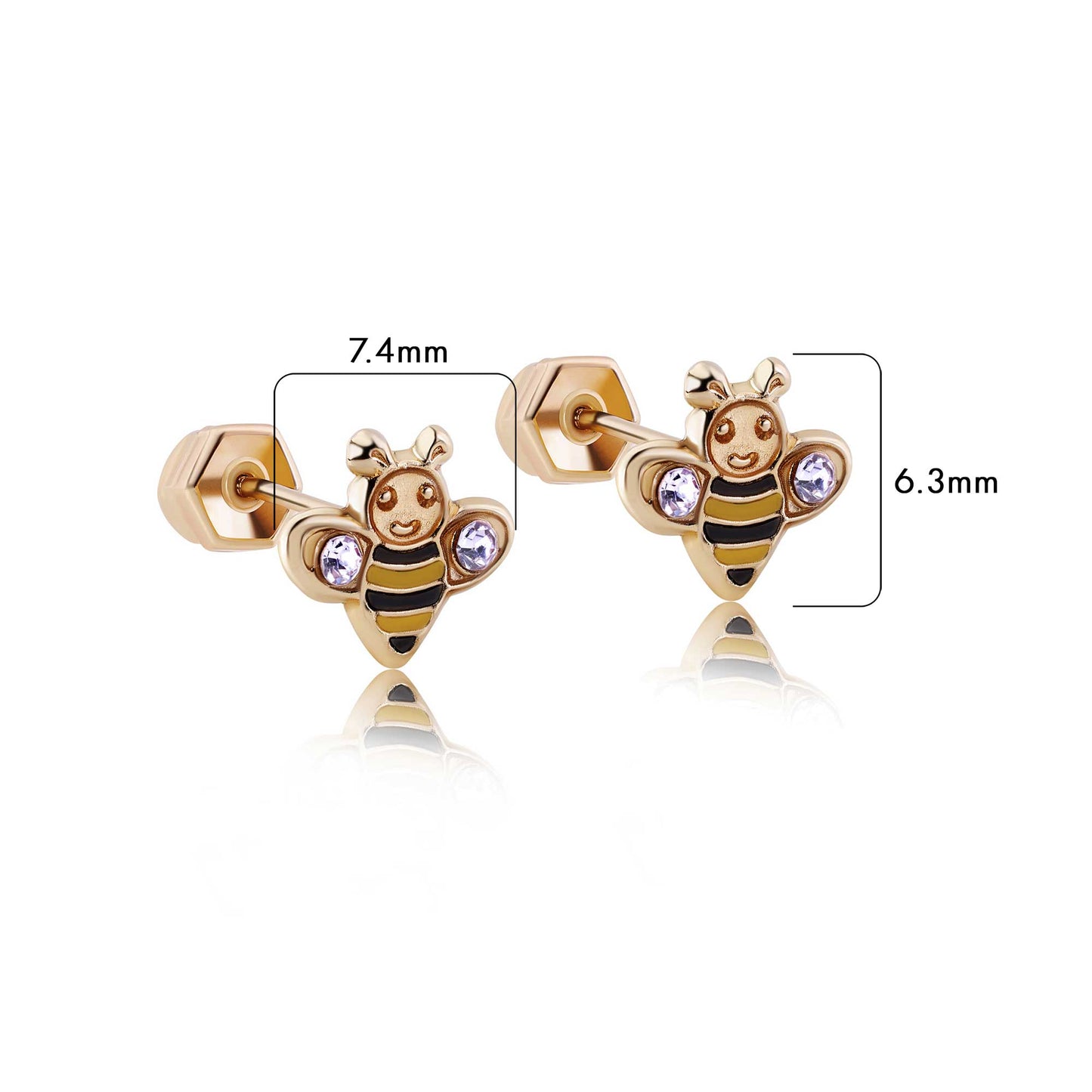 14E00432. - 14 Karat Yellow Bee Black and Yellow Enamel Clear CZ Screw Back Earrings