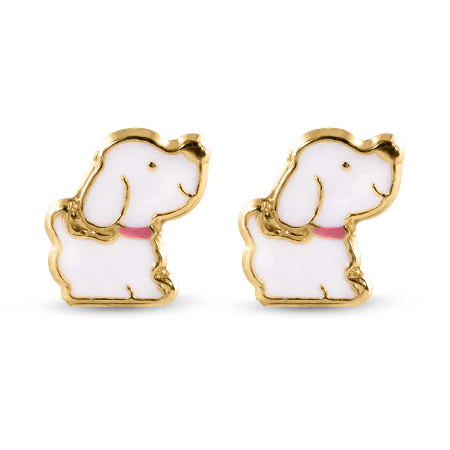 14E00433. - 14 Karat Dog White Enamel Pink Leash Screw Back Earrings