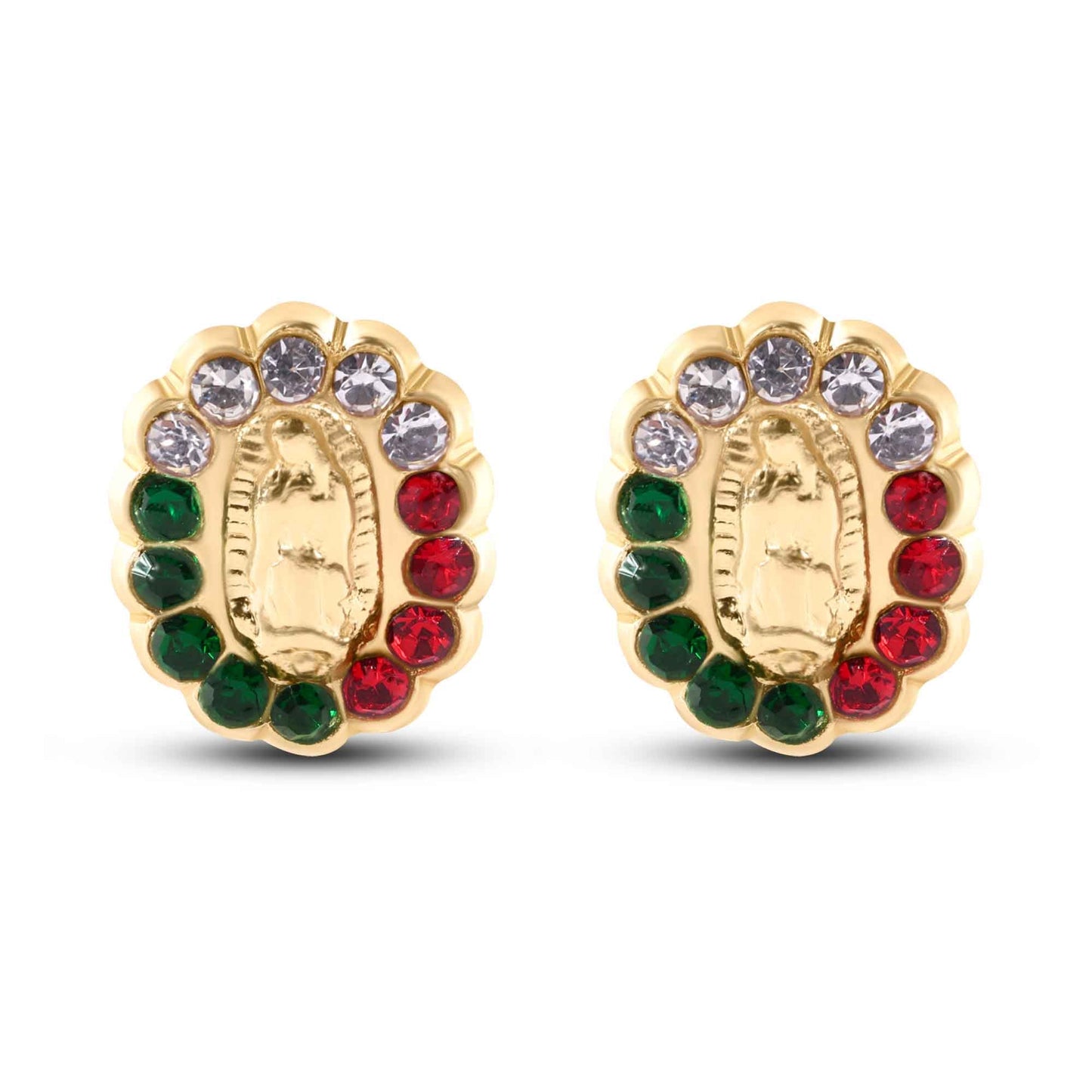 14E00436. - 14 Karat Yellow Gold Guadalupe Red Green and Clear Screw Back Earrings