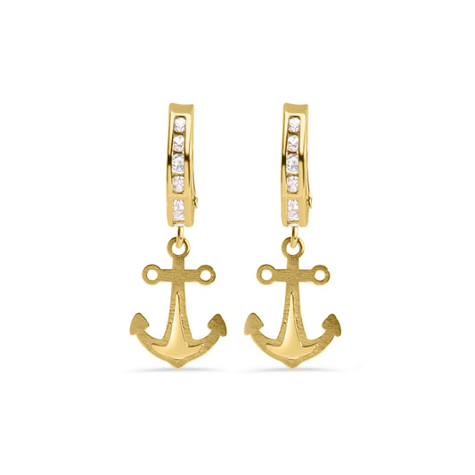 14E00451. - 14 Karat Yellow Gold 12.2mm Hoop Half Studded Clear CZ Anchor Latch Box Earrings