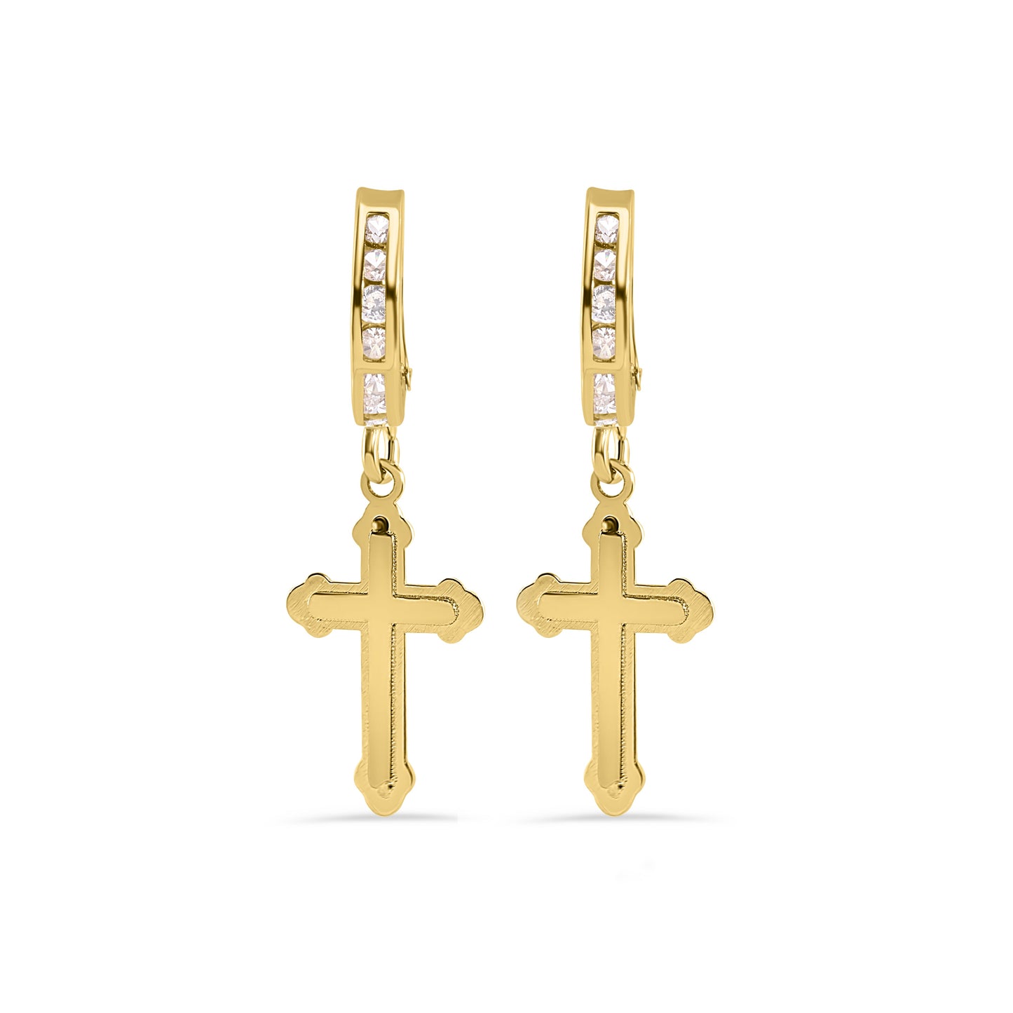 14E00452. - 14 Karat Yellow Gold 12.9mm Hoop Half Studded Clear CZ Cross Latch Box Earrings