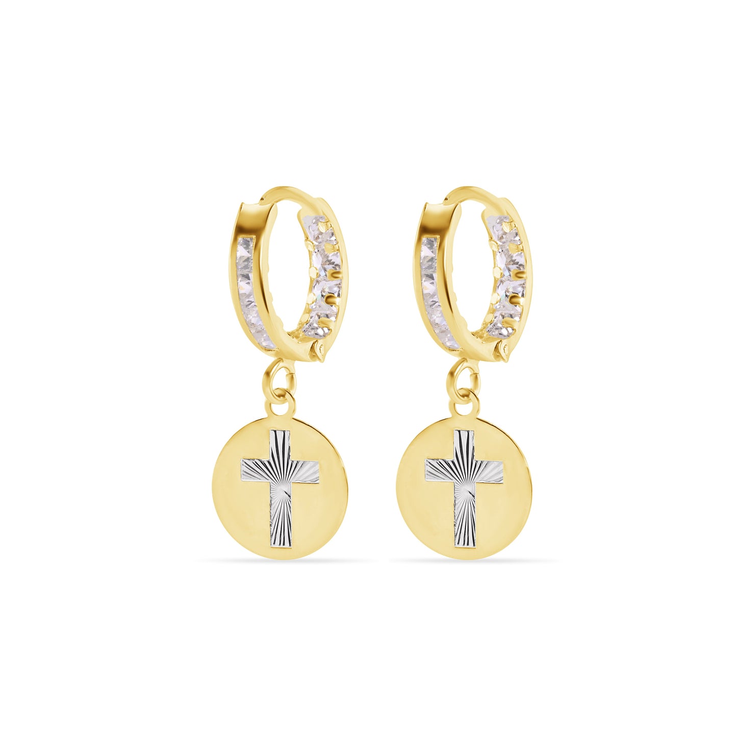 14E00454. - 14 Karat Yellow Gold 11.5mm Hoop Studded Clear CZ Diamond Cut Cross Latch Box Earrings