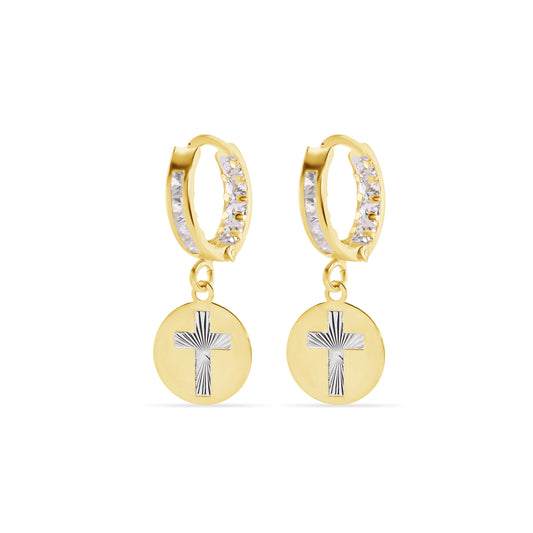 14E00454. - 14 Karat Yellow Gold 11.5mm Hoop Studded Clear CZ Diamond Cut Cross Latch Box Earrings