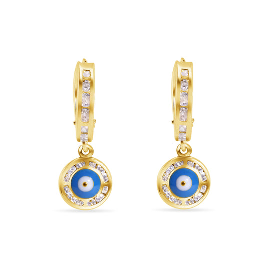 14E00458. - 14 Karat Yellow Gold 12.6mm Hoop Studded Clear CZ Evil Eye Latch Box Earrings