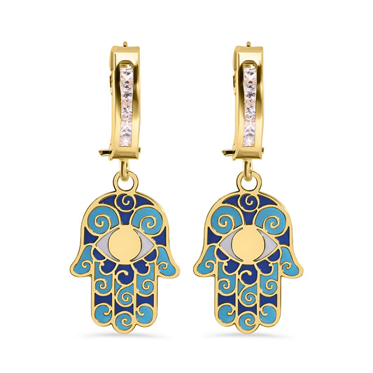 14E00459. - 14 Karat Yellow Gold 11.7mm Hoop Studded Clear CZ Enamel Hamsa Latch Box Earrings