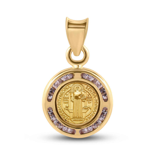 14P00107. - 14 Karat Yellow Gold 11.5mm Saint Benedict Medal Clear CZ Pendant