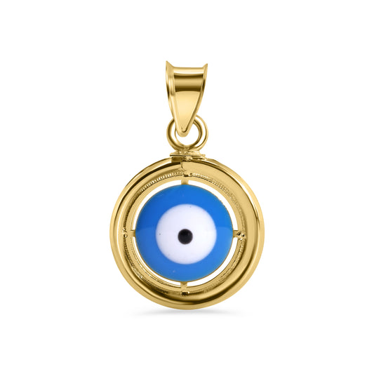 14P00123. - 14 Karat Yellow Gold Round Enamel Evil Eye Clear Baguette CZ 13.5mm Pendant