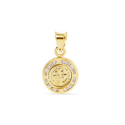 14P00125. - 14 Karat Yellow Gold Round Saint Benedict Medal Prayer Clear CZ 11mm Pendant