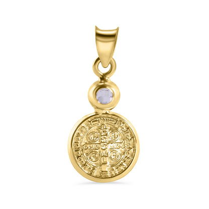 14P00126. - 14 Karat Yellow Gold Round Saint Benedict Medal Prayer Clear CZ 10.7mm Pendant