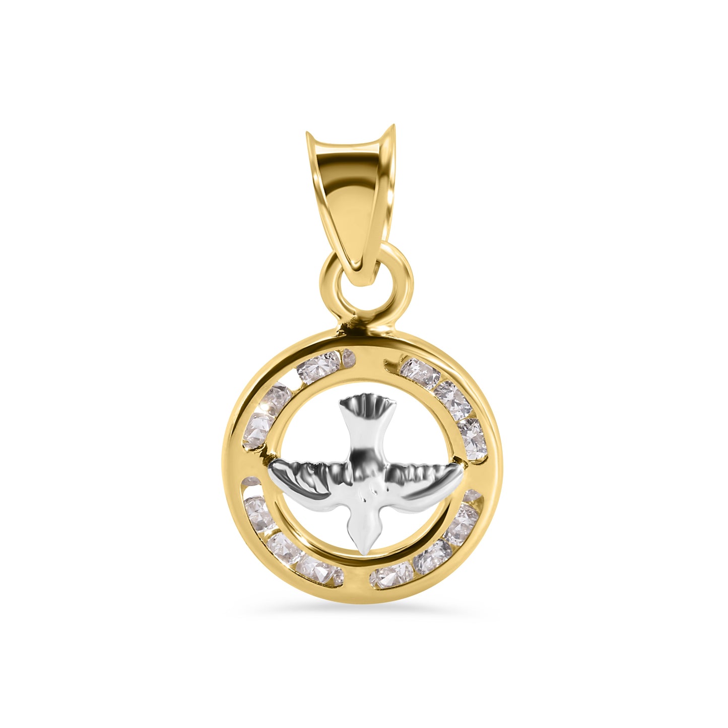 14P00130. - 14 Karat Yellow Gold Round Holy Spirit Dove Clear CZ 11mm Pendant