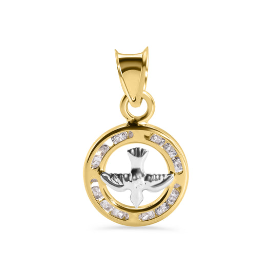 14P00130. - 14 Karat Yellow Gold Round Holy Spirit Dove Clear CZ 11mm Pendant