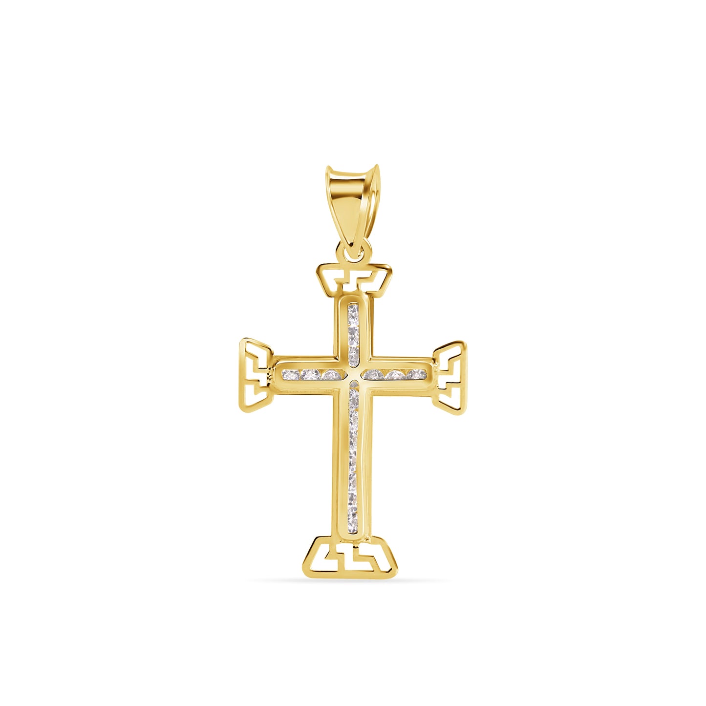 14P00141. - 14 Karat Yellow Gold Multi Faceted Cross Clear CZ Pendant