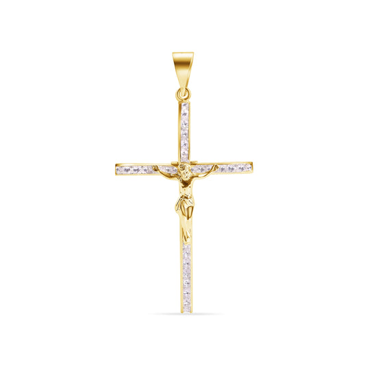 14P00151. - 14 Karat Yellow Gold Cross Jesus Christ Studded Clear CZ Pendant