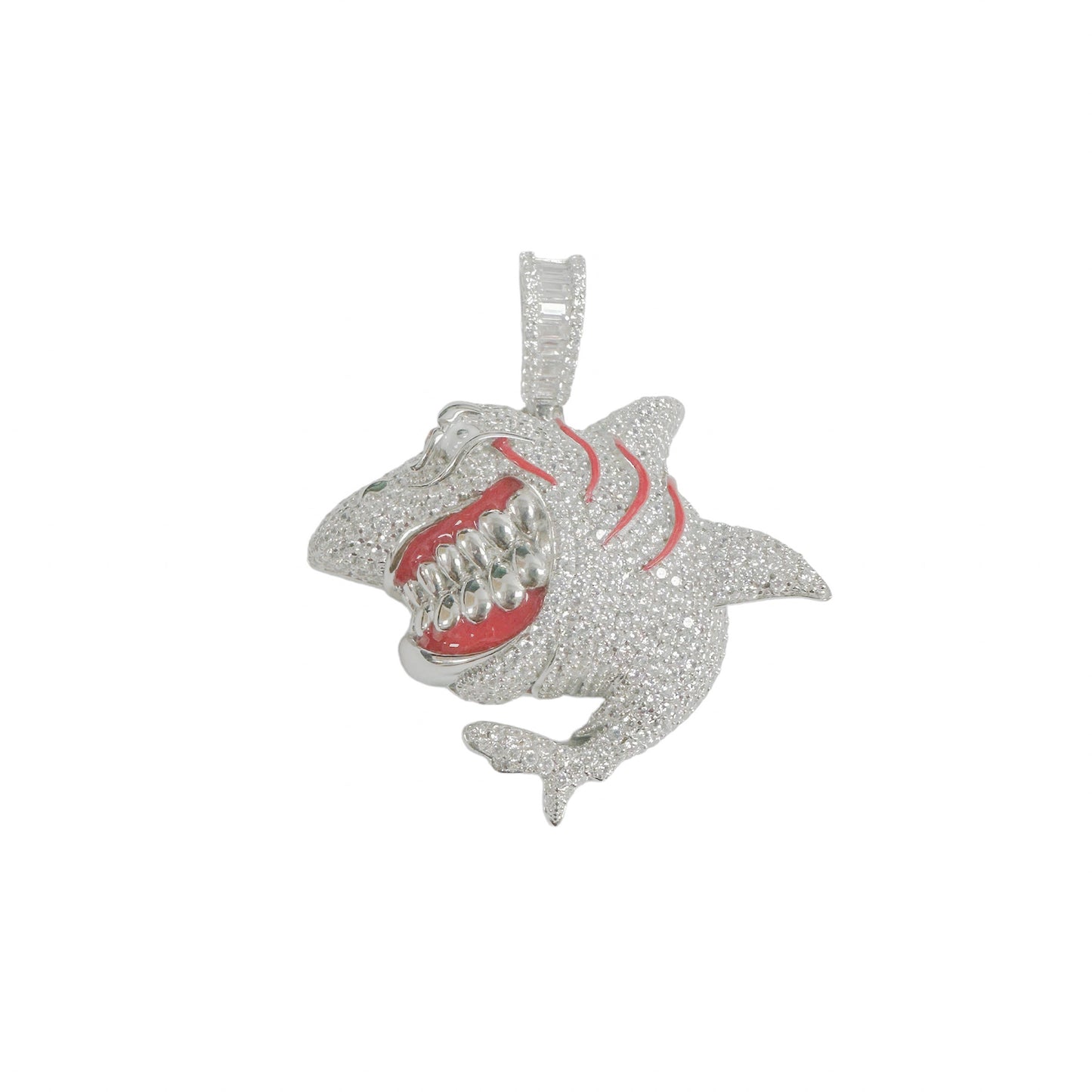 Rhodium Plated 925 Sterling Silver Angry Shark Red Enamel Clear CZ Pendant - SLP00366