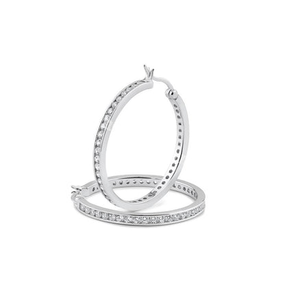 Rhodium Plated 925 Sterling Silver 2.8mm Round Clear CZ Hoop Earrings - AAE00002