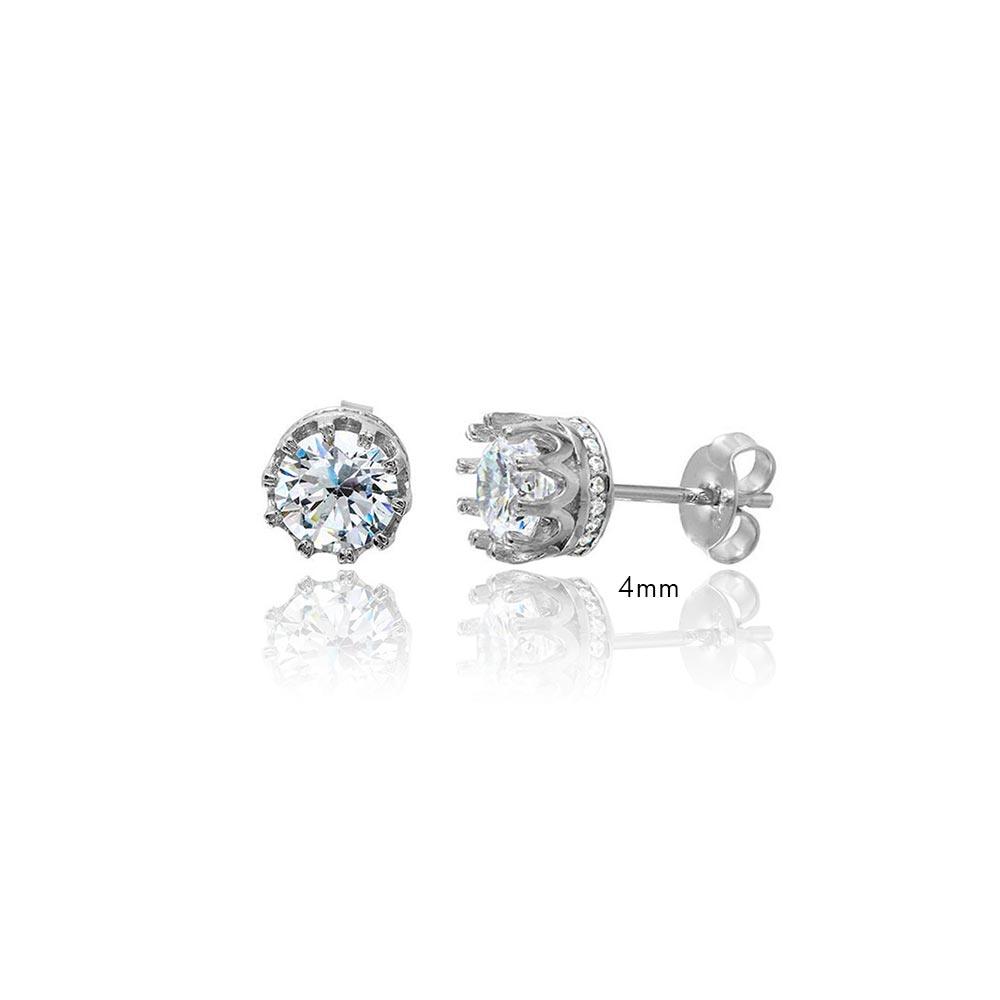 Rhodium Plated 925 Sterling Silver Round Crown Basket Clear CZ Stud Earrings - AAE00011