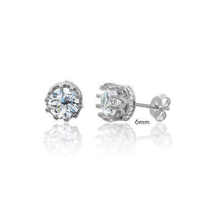 Rhodium Plated 925 Sterling Silver Round Crown Basket Clear CZ Stud Earrings - AAE00011