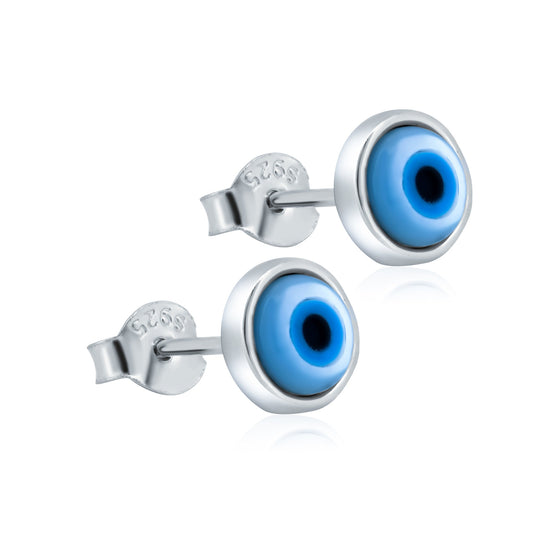 Rhodium Plated 925 Sterling Silver Round Evil Eye Mother of Pearl Stud Earrings - AAE00012