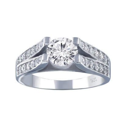 Rhodium Plated 925 Sterling Silver Clear Pave Set Round Center CZ Engagement Ring - AAR0078 | Silver Palace Inc.