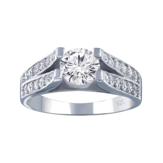 Rhodium Plated 925 Sterling Silver Clear Pave Set Round Center CZ Engagement Ring - AAR0078 | Silver Palace Inc.