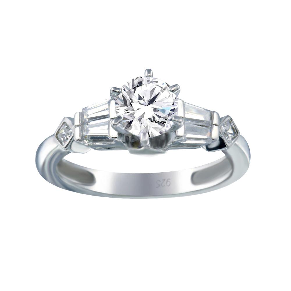 Rhodium Plated 925 Sterling Silver Clear Baguette Round Center CZ Ring - ACR00028 | Silver Palace Inc.