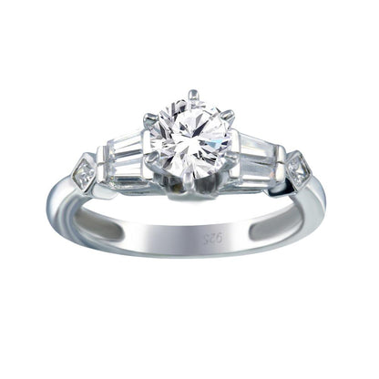 Rhodium Plated 925 Sterling Silver Clear Baguette Round Center CZ Ring - ACR00028 | Silver Palace Inc.