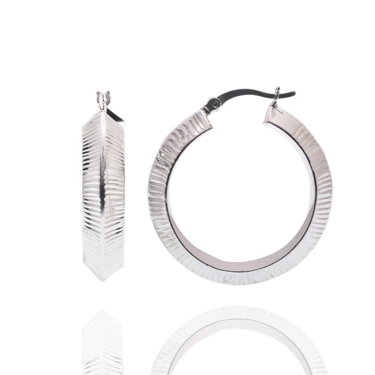 Rhodium Plated 925 Sterling Silver Textured Ribbed 23mm Hoop Earring - APE00011