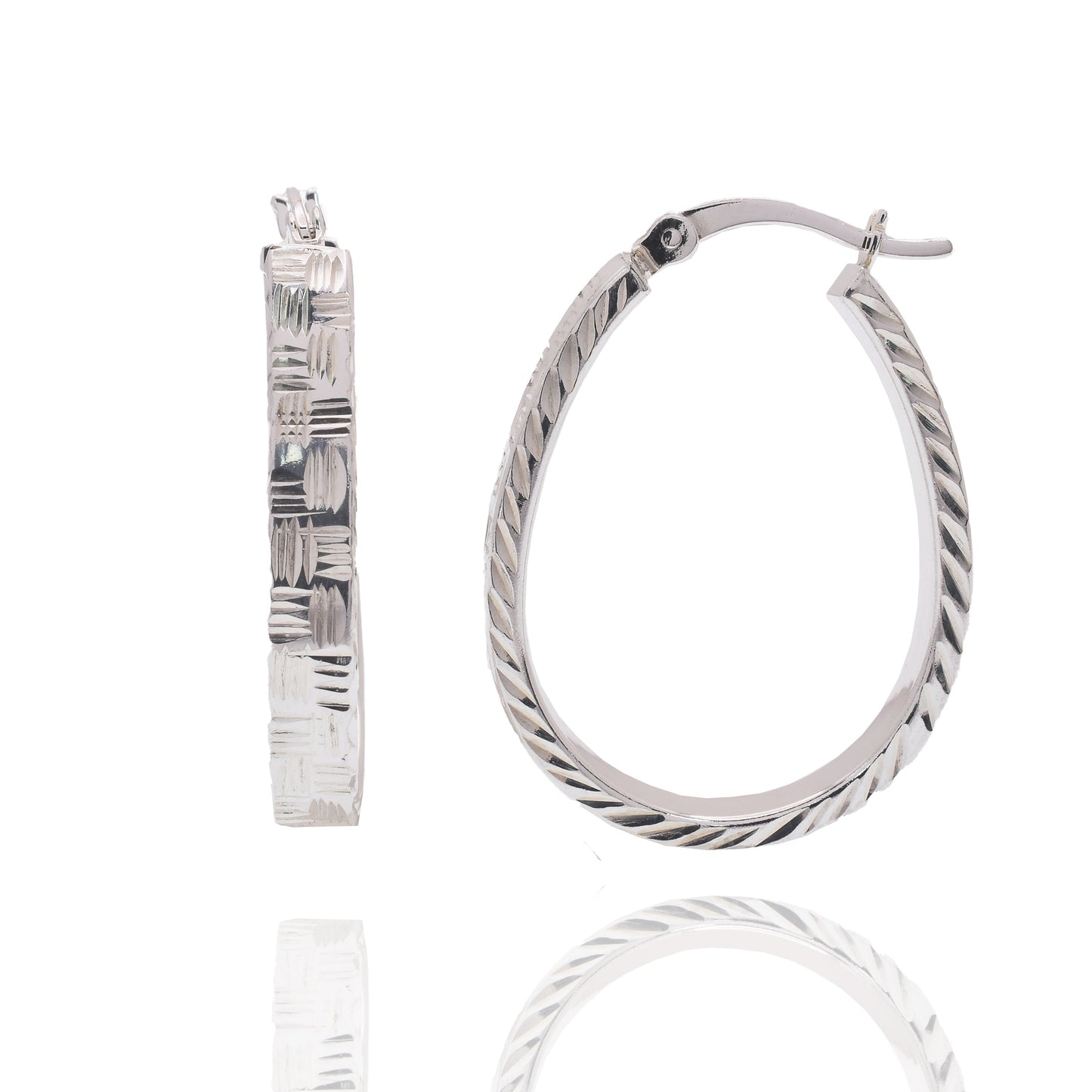 Rhodium Plated 925 Sterling Silver Diamond Cut Twisted Oval Hoop 18mm Earring - APE00013