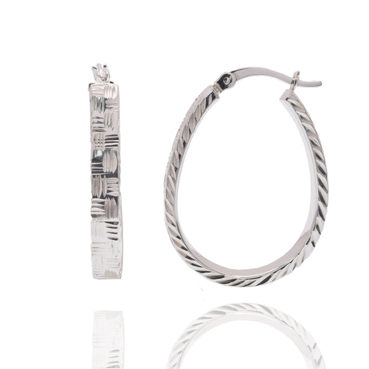 Rhodium Plated 925 Sterling Silver Diamond Cut Twisted Oval Hoop 18mm Earring - APE00013