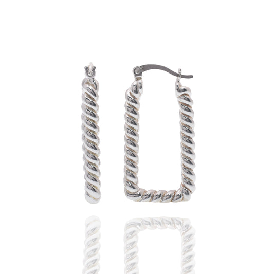 Rhodium Plated 925 Sterling Silver Rectangular Twisted Rope Hoop 17.5mm x 33mm Earring - APE00021