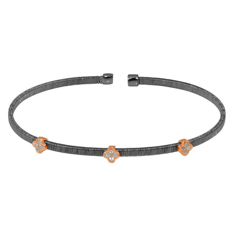 Silver 925 Black Rhodium Plated Three Clover Rose Gold Plated Bangle with CZ - ARB00009BLK | Silver Palace Inc.