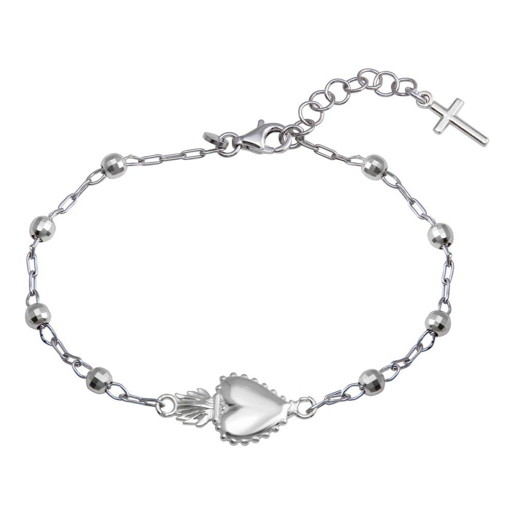 Silver 925 Rhodium Plated Heart Center DC Bead Bracelet - ARB00053RH | Silver Palace Inc.