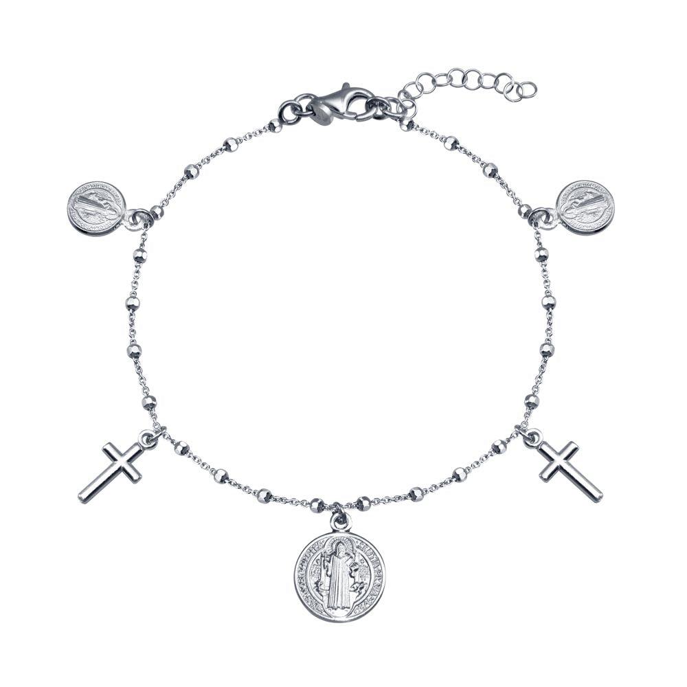 Rhodium Plated 925 Sterling Silver Multiple Dangling Cross Medallion Bracelet - ARB00062RH | Silver Palace Inc.