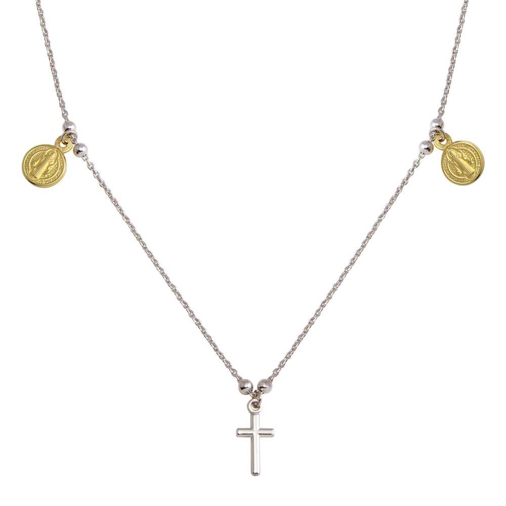 Silver 925 2 Toned Rhodium Gold Plated Cross With Religious Charms Necklace - ARN00049RH-GP | Silver Palace Inc.