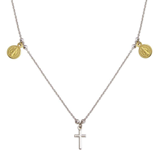 Silver 925 2 Toned Rhodium Gold Plated Cross With Religious Charms Necklace - ARN00049RH-GP | Silver Palace Inc.