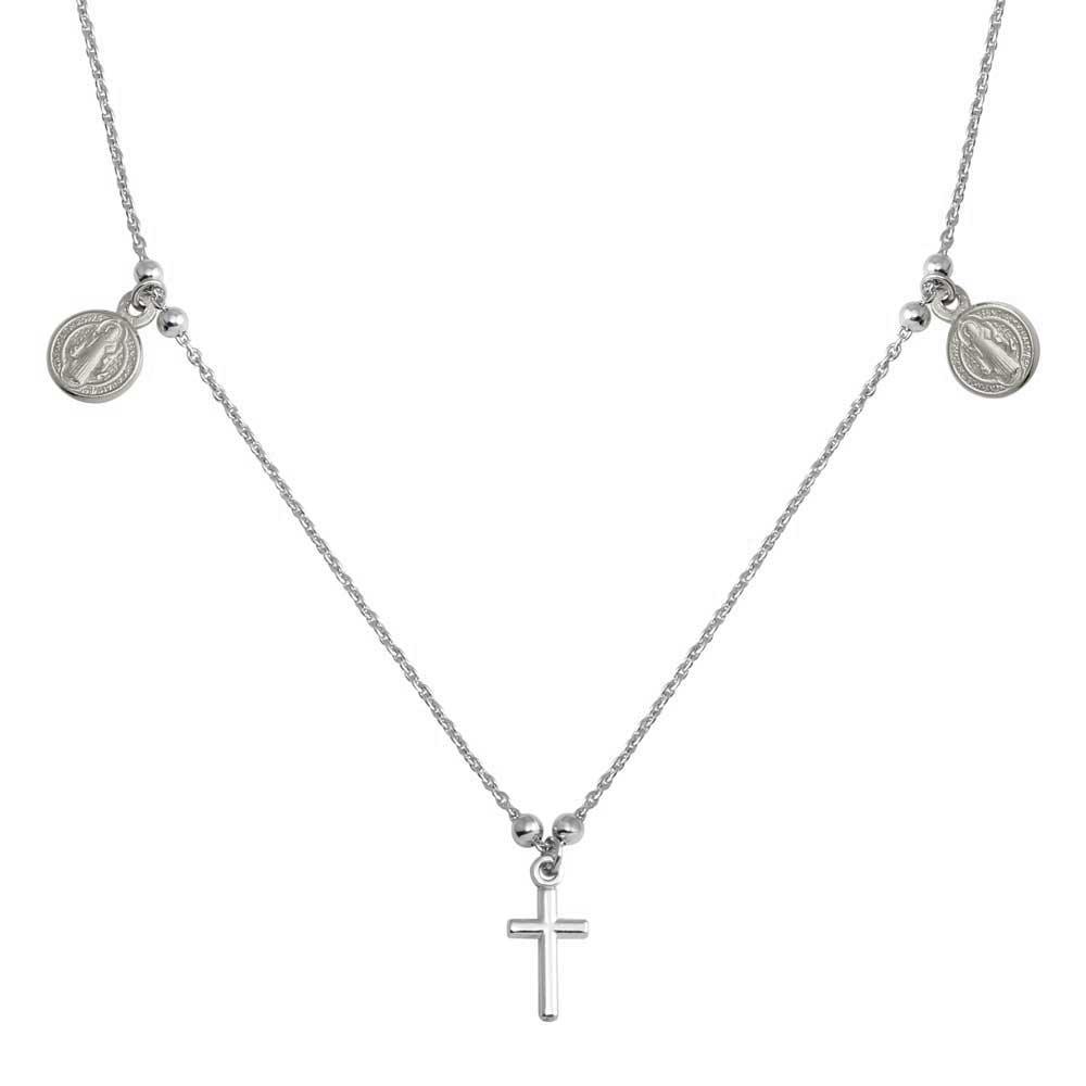 Silver 925 Rhodium Cross With Religious Charms Necklace - ARN00049RH | Silver Palace Inc.