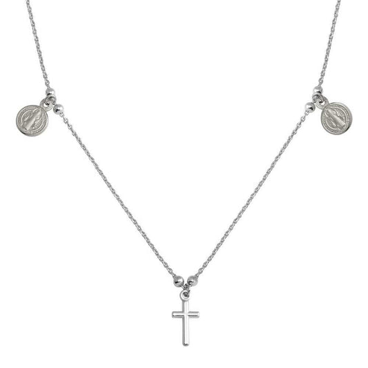 Silver 925 Rhodium Cross With Religious Charms Necklace - ARN00049RH | Silver Palace Inc.