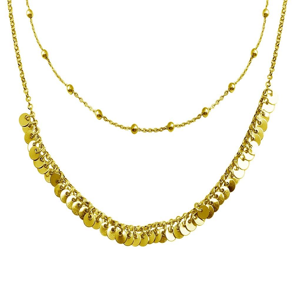 Silver 925 Gold Beaded Disc Charms Double Chain Choker Necklace - ARN00051GP | Silver Palace Inc.