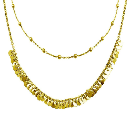 Silver 925 Gold Beaded Disc Charms Double Chain Choker Necklace - ARN00051GP | Silver Palace Inc.