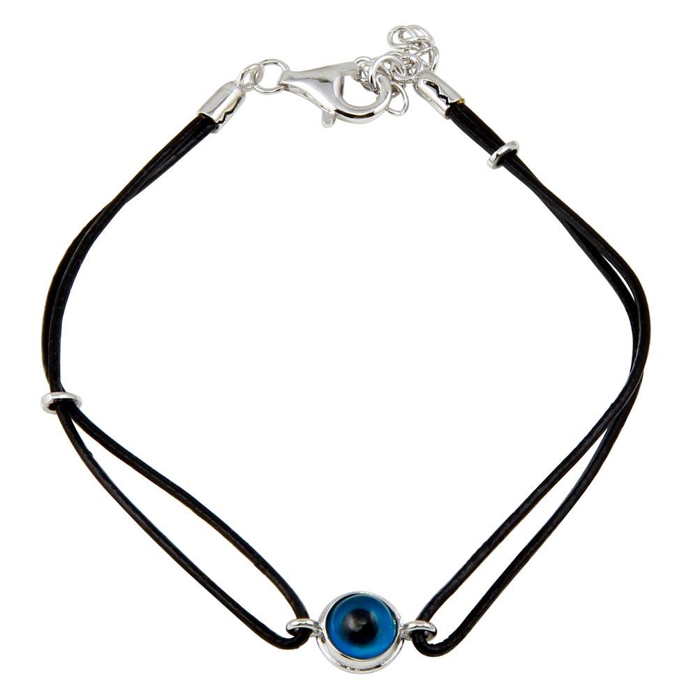 Silver 925 Rhodium Plated Round Evil Eye Black Cord Bracelet - BGB00143 | Silver Palace Inc.